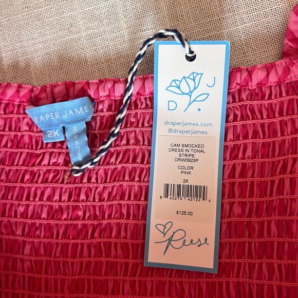 NWT Draper James Cam Smocked Puff Sleeve Dress Pink Stripe Square Neck Size 2X - Picture 9 of 10